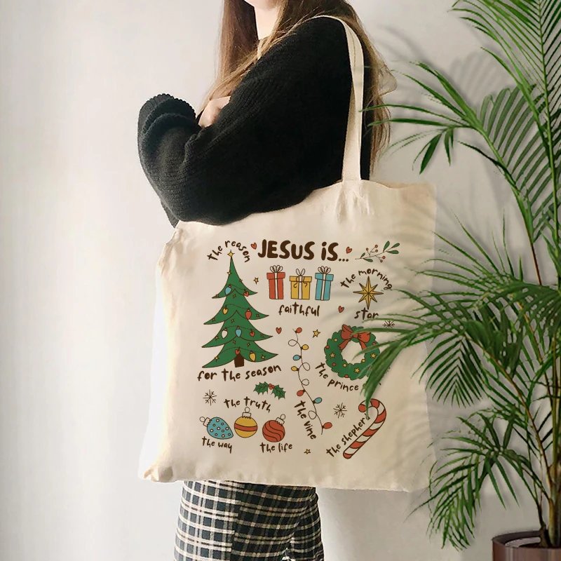 Religious Christmas Pattern Canvas Tote Bag Xmas Gift for Friends Sister Mother Daughter Women Shopping Bag Shoulder Bags