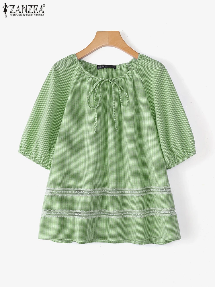 

ZANZEA Casual Loose Plaid Blouse Women Blusas 2025 Vintage Short Sleeve Tops Fashion Lace Up Tunic Lace Patchwork Pullovers
