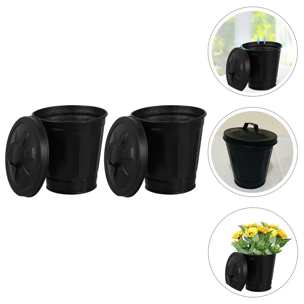 2Pcs Small Trash Can Galvanized Buckets with Lid Multipurpose Desktop Garbage Containers for Indoor Office Home