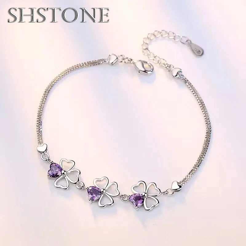 

Hot luxury designer 925 Sterling Silver Purple crystal Lucky Clover Bracelets for women fashion party wedding Jewelry 17CM+4CM