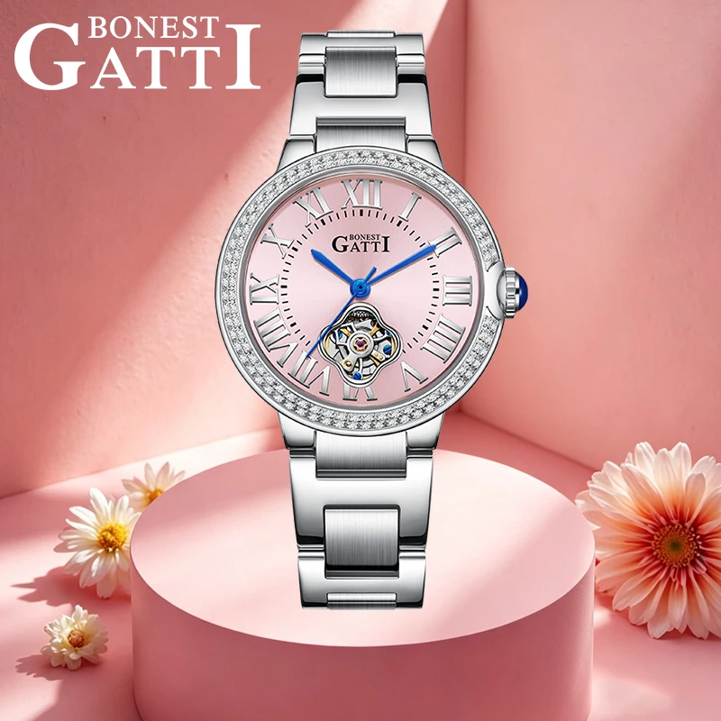 BONEST GATTI Fashion Dial Automatic Watch Women Premium Stainless Steel Strap Round Case Waterproof Luxury Mechanical Wristwatch