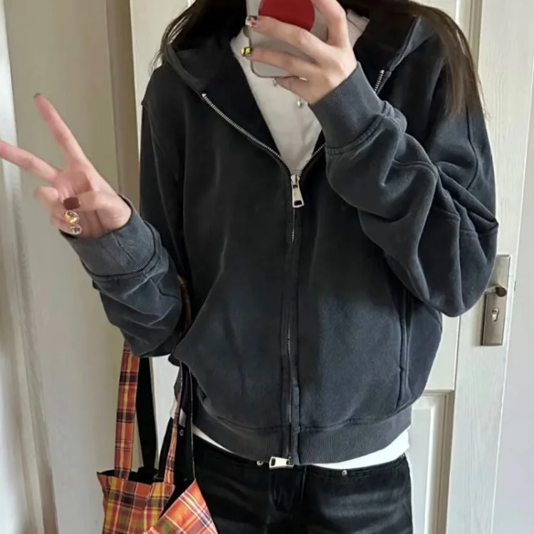 Fashion Vintage Hoodie Sweatshirts Jackets Y2k E-Girl Long Sleeve Zipper Tops Women 2024 New Loose Coats Mujer