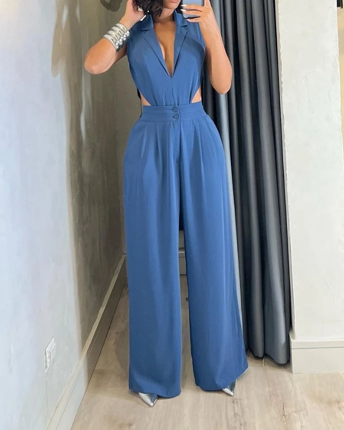 Women's Fashion Suits 2024 Spring/summer Latest Casual Plunge Sleeveless Cutout Bodysuit&ruched Pocket Wide Leg Pants Set