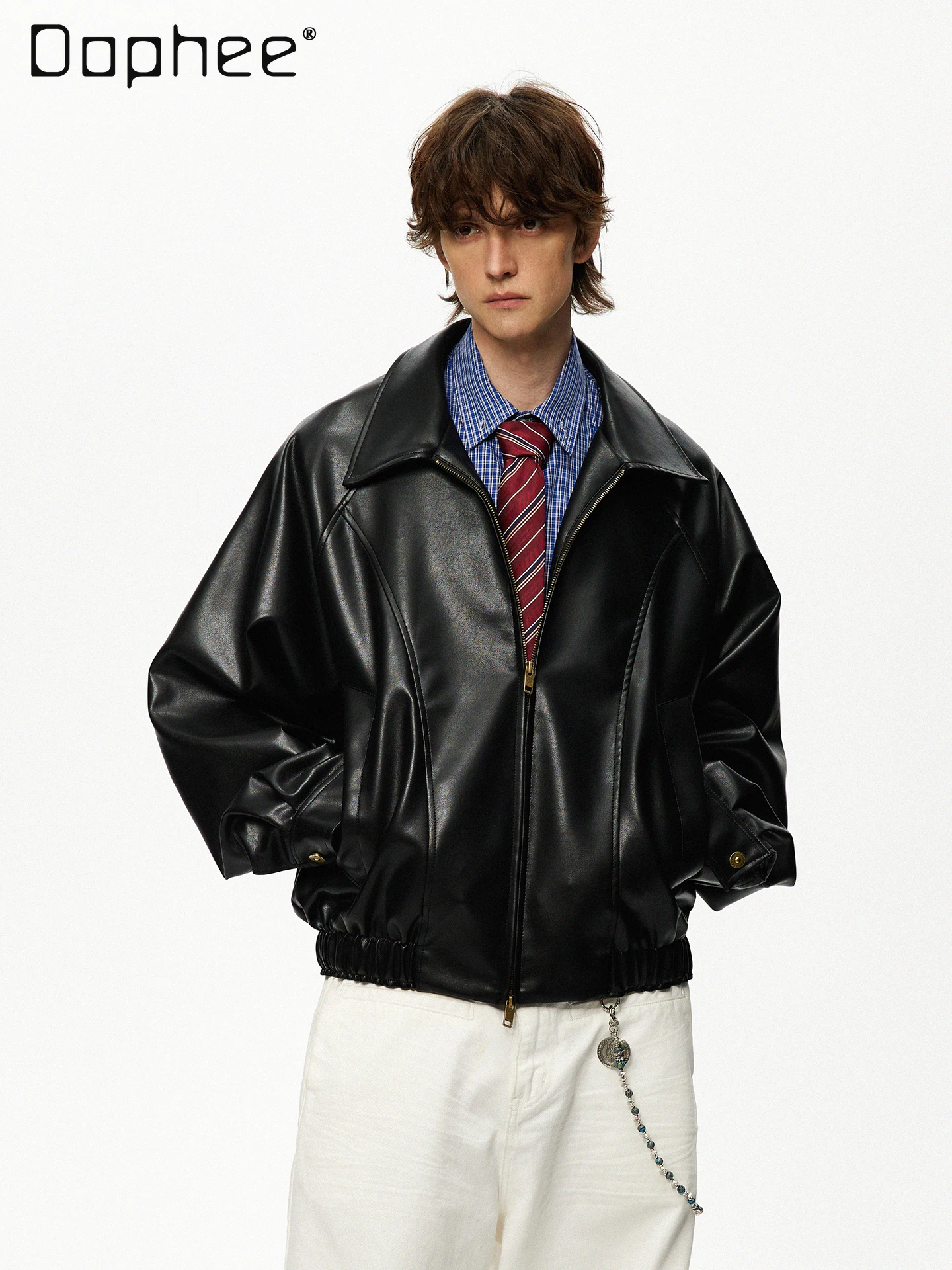 

2025 весенне-осенняя мужская кожаная куртка на молнии в американском стиле кофейного цвета, черная кожаная куртка, мотоциклетная крутая пара, свободная бежевая куртка