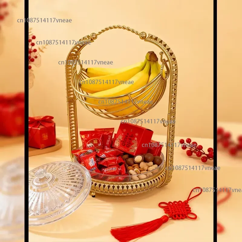 Golden 2 Layer Fruit Basket Stand With Handle Glass Covered Nut Dry Fruit Box Divider Tray for Home Kitchen Party Wedding