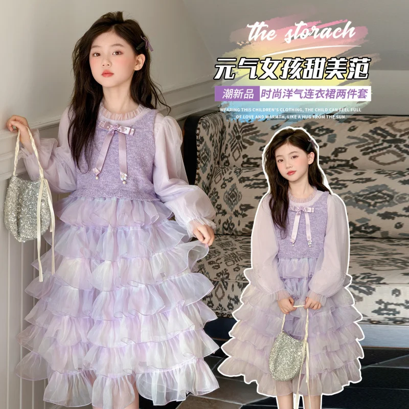 Girl's Sweet Princess Style Mesh Cake Dress Set2026Spring stylish bow-tie multi-layered skirt dress