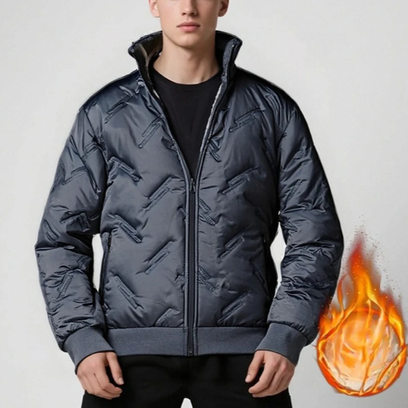 

Business Casual Thickened Lamb Velvet Jackets for Men Autumn Winter Warm Stand Collar Fleece Lined Parkas Man All-Match Dad Coat