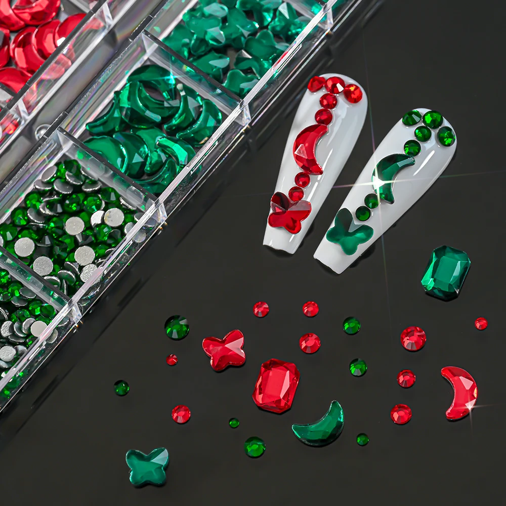 12 grilles de noël rouge vert, pierres précieuses pour ongles, strass à dos plat, papillon lune, forme ronde, cristal, diamant, accessoire de manucure