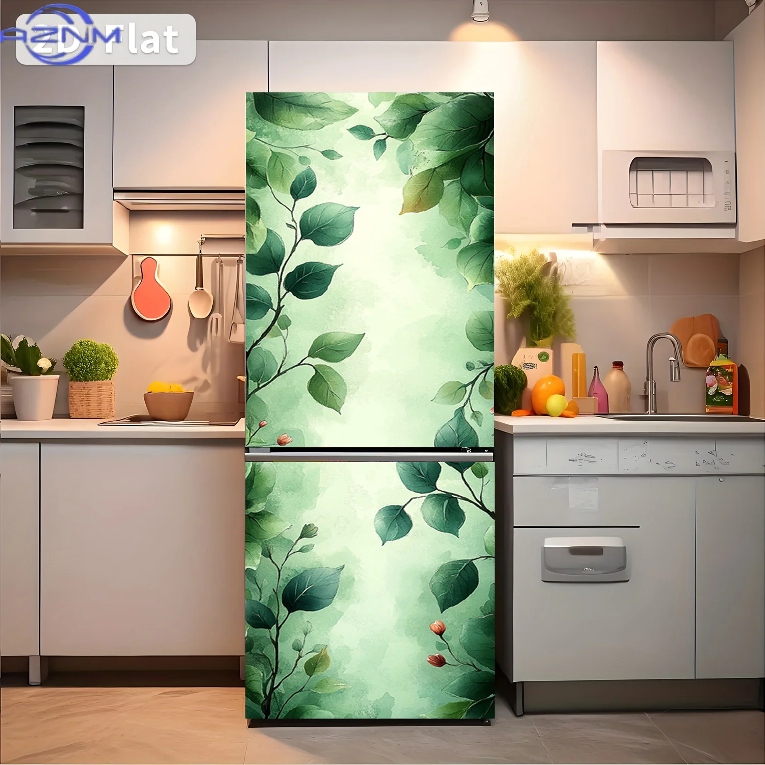 2D Flat Printing 1pc Refrigerator Sticker  Fresh Green Leaves Theme Design Self-Adhesive Wall Decal Wallpaper Suitable for Cab