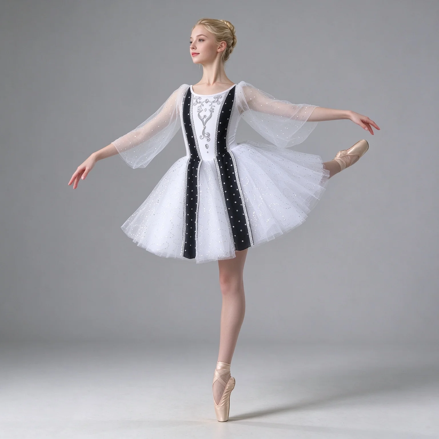 Girls Ballet Tutu Dress Black White Contrast Sequin Tulle Puff Sleeve Kids Ballerina Costume Stage Performance Dance Outfit