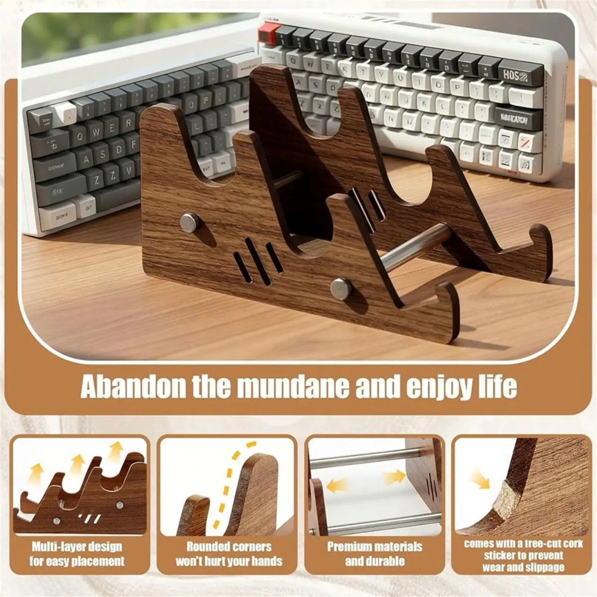 PROMOTION~ Keyboard Display Stand, 3-Tiers Wooden Stand Holder for Desk Keyboards Display Shelf Tray for Computer Tablet Picture