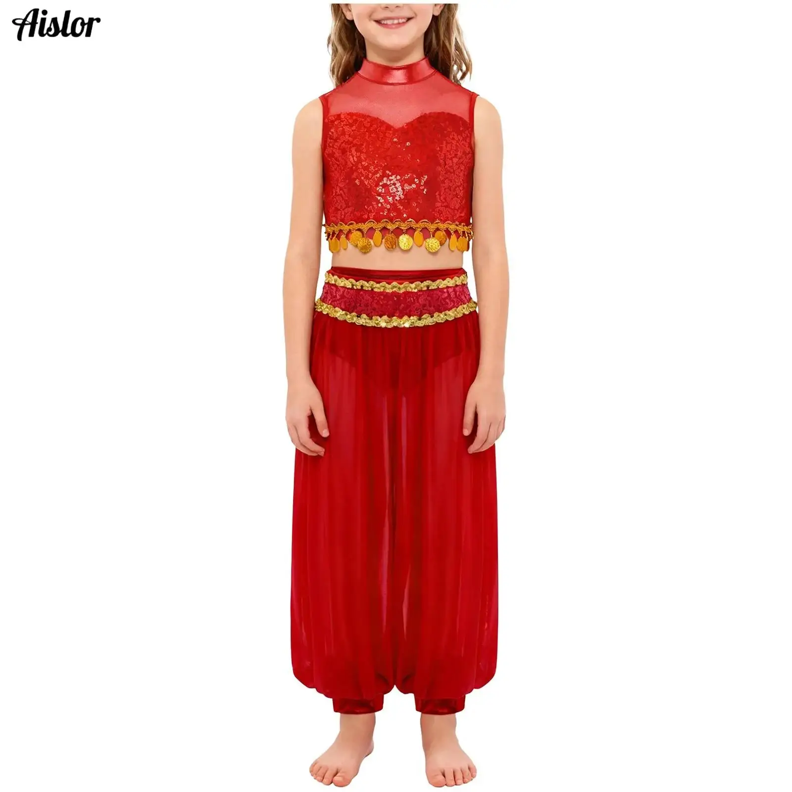 Traje de danza del vientre para niñas, traje de danza india de Jazz, cuello simulado, sin mangas, malla de retales, Top corto de lentejuelas con pantalones bombachos