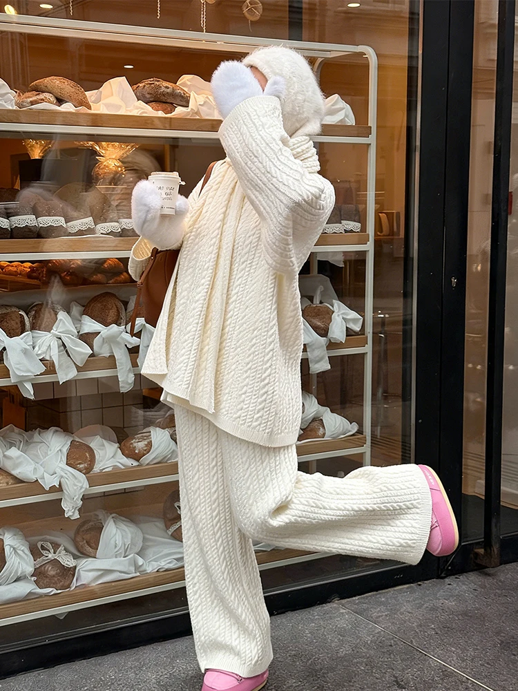 Ropa diaria, nuevo jersey de punto torcido, suéter, pantalones largos, conjunto de dos piezas, suéter de punto suave informal (sin bufanda)