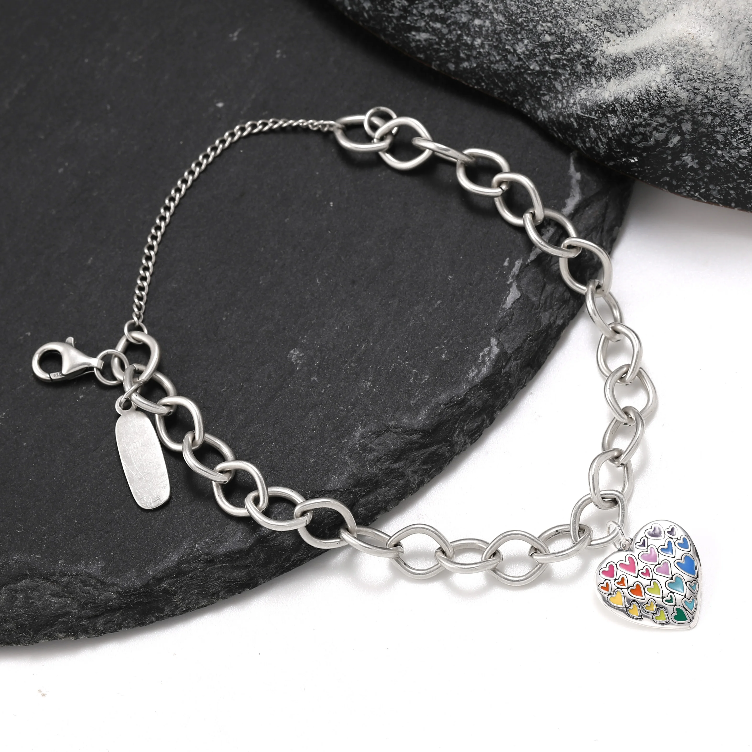 

Genuine 925 sterling silver Forged Link Charm Bracelet paired with a heart-shaped enamel pendant filled with love