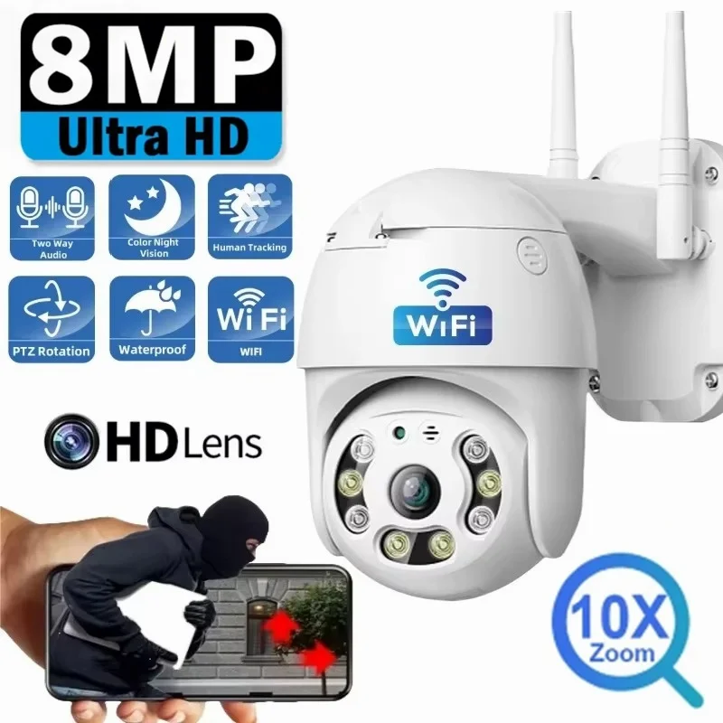 

8MP Ultra HD PTZ Surveillance Security Camera Outdoor WiFi IP Cameras 10X Zoom CCTV Color Night Vision AI Tracking Wireless Cam