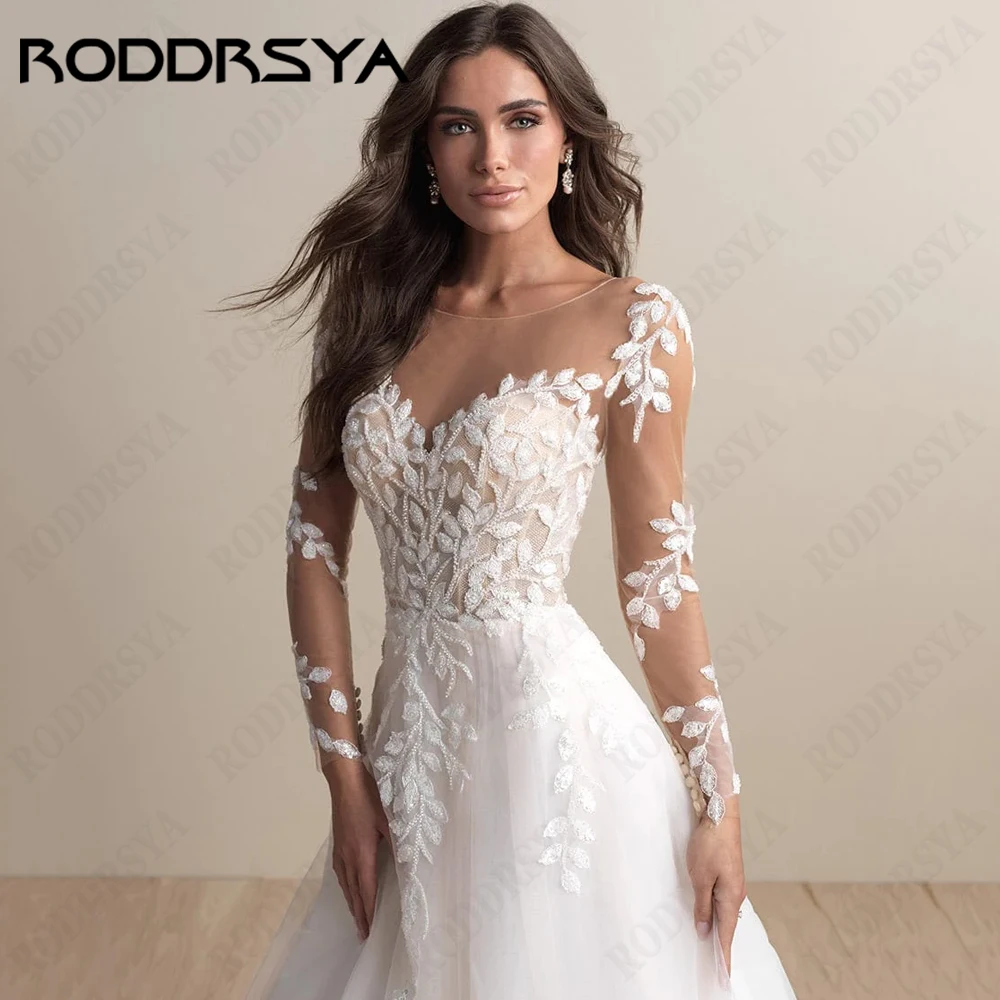 RODDRSY Elegant Wedding Dresses For Woman Long Sleeves Scoop Illusion Bridal Gowns Lace Applique A-Line Tulle vestido de noiva