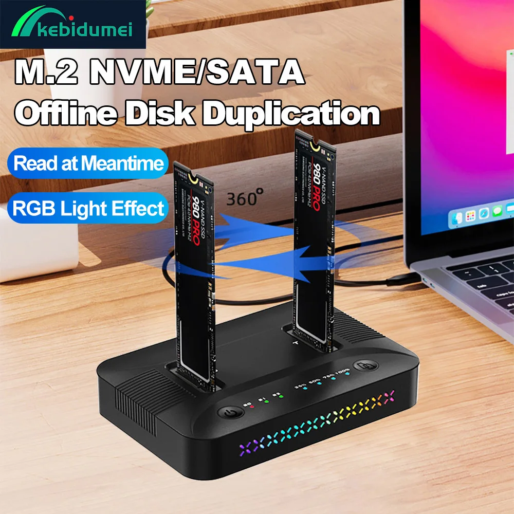 

Док-станция с двумя отсеками M.2 NVME SATA SSD, 10 Гбит/с, USB 3.2 GEN2, SSD, автономный дубликатор дисков, RGB световой эффект, корпус SSD