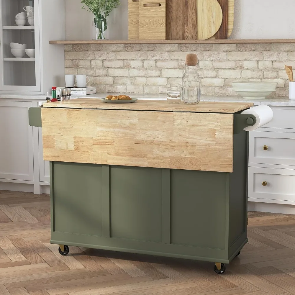 Carro de Isla de cocina móvil con tapa de madera y barra de desayuno de gotitas, 18 "53,5 D x" W x 36 "H, Verde