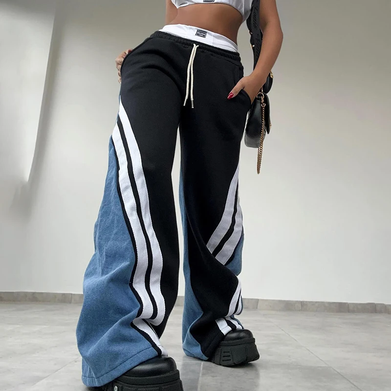 

CUTENOVA Winter New High Waist Drawsting Casual Pants Three Color Matching Sweatpants Trousers Women Streetwear Fashion 2024