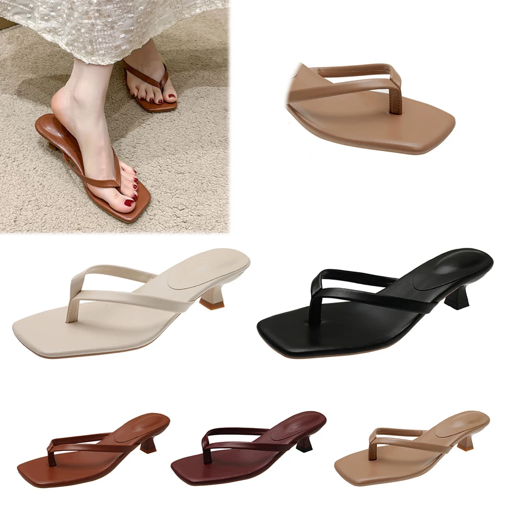 Women Stiletto Square Toe Sandals Solid Color Casual Flip-Flops PU Leather Thin Heel Flip Flops for Seaside Beach Travel image 2