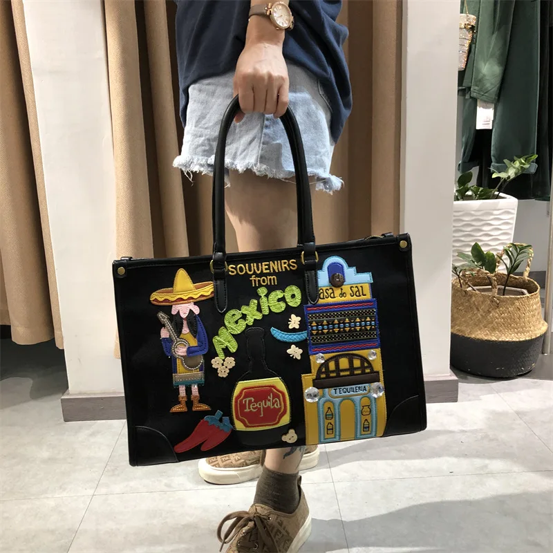 

Mexico Souvenir Embroidery Tote Bag, Colorful 3D Applique Handbag with Tequila & Sombrero Print, Novelty PU Leather Purse