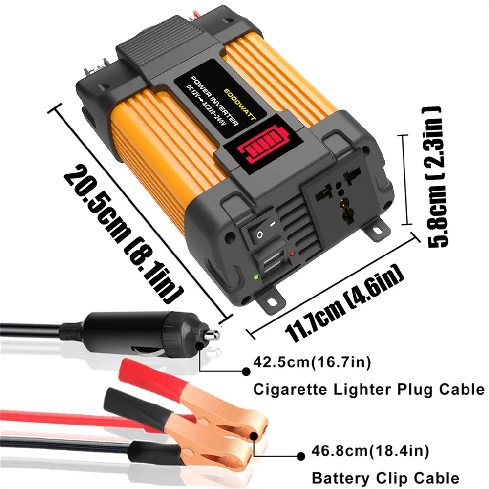 

Any 12V Power Output Vehicle. Car Power Inverter 6000W Peaks Power Dual USB Ports LED Bettery Dispaly Modified Sine Wave