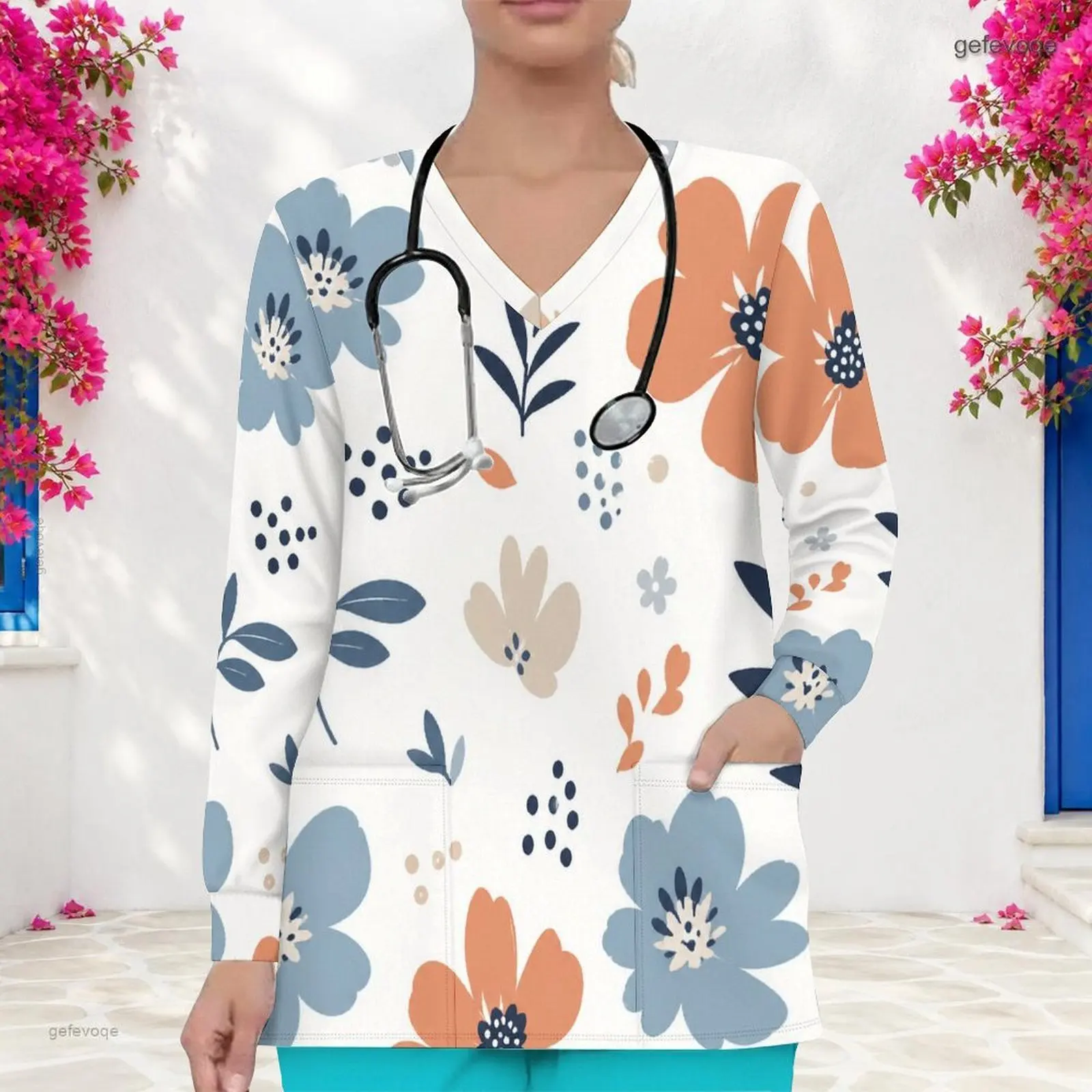 Women Scrub Top with Print V Neck Long Sleeve Front Pockets
