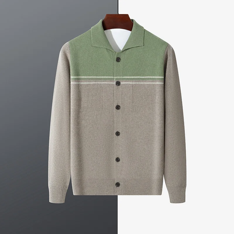 

Autumn And Winter New 100% Pure Wool Lapel Cardigan Leisure Business Men's Knitted Bottoming Color Matching Sweater Coat