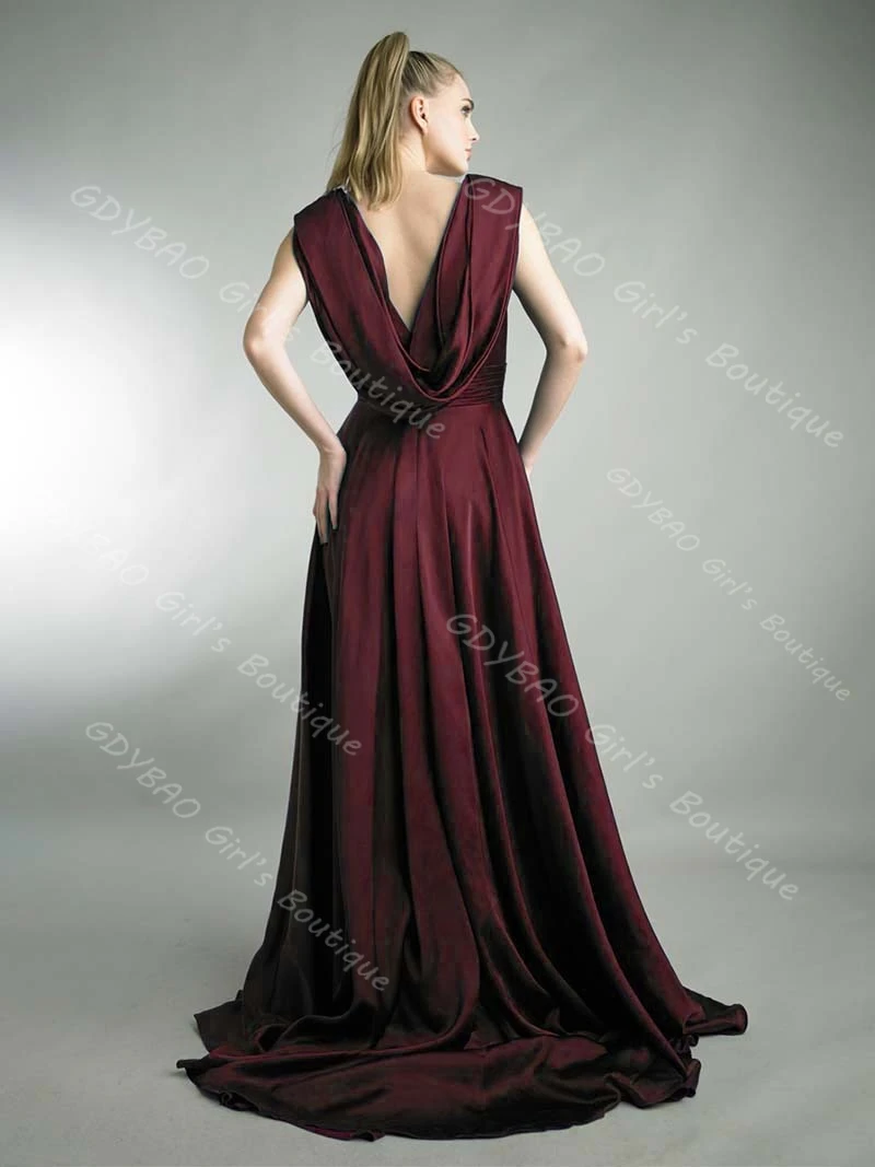 ชุดราตรีผ้าซาตินจับจีบหรูหราสำหรับผู้หญิง คอวีคู่ ผ้าคลุมหลัง ชุดออกงานพร้อมชายกระโปรงผ่าแบบแปรง สามารถสั่งตัดได้