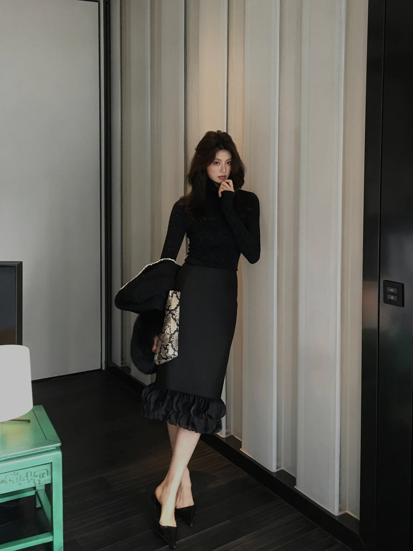 

Dragon Xier Ele Wool Pleated Petal Design Fi Tail f Skirt Women's Autumn Winter High Waist Slimming Bodycon Skirt