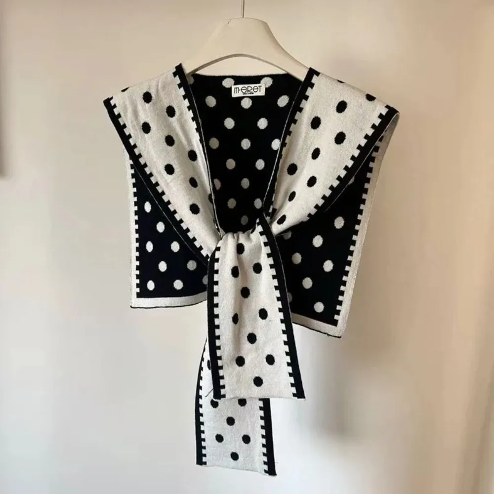 

Retro Cape Polka Dot Knitted Shawl Retro Knotted Fake Collar Wraps Korean Style Knit Scarves Women