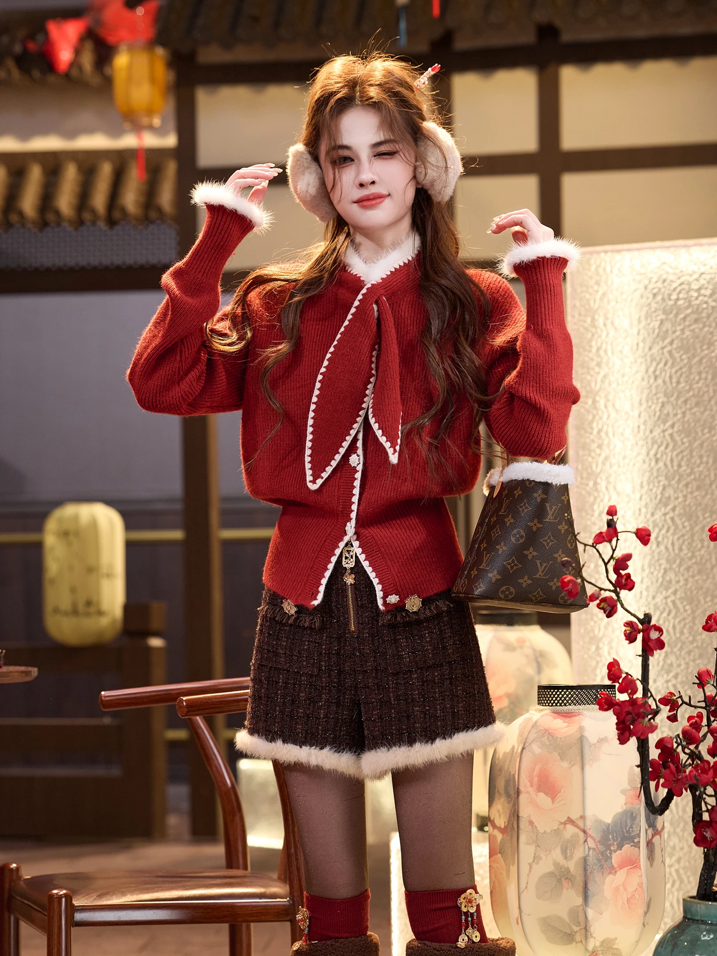 

Sweet New Year Red Knitted Sweater with Belt TUNT Autumn Winter Plump Happin l Bling V-ne Long Sve Women's F...