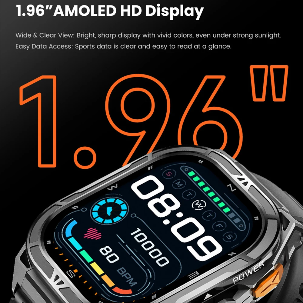 Dual Band GPS Smart Watch X5 Tank Rugged Sport Smart Watch 5ATM Waterproof 1.96" AMOLED Display Compass Barometer Altitude Watch