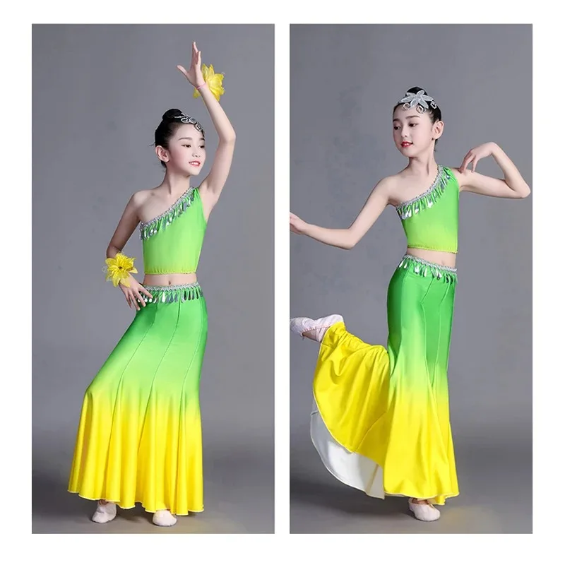 1 Set Child Minority Peacock Dance Skirts Traditional National Dai Dance Costumes Girl Classical Dance Fishtail Wrap Hip Dress