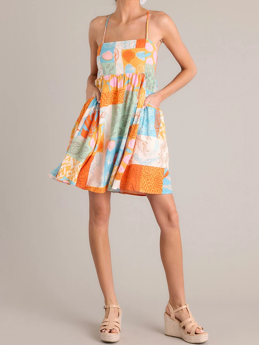 새로운 패션 여성 여름 해변 캐미 드레스 민소매 오픈 백 크로스 조개 프린트 드레스 핫 세일 S-XL