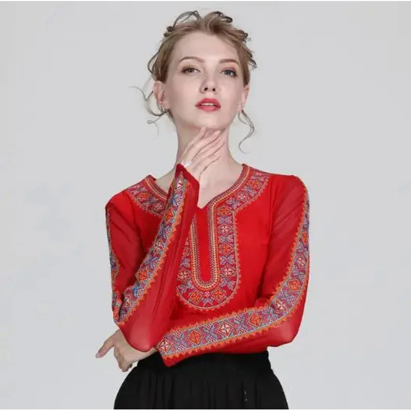 중국 신장 위구르 댄스 탑 여성 봄 T 셔츠 무대 공연 수 놓은 민속 얇은