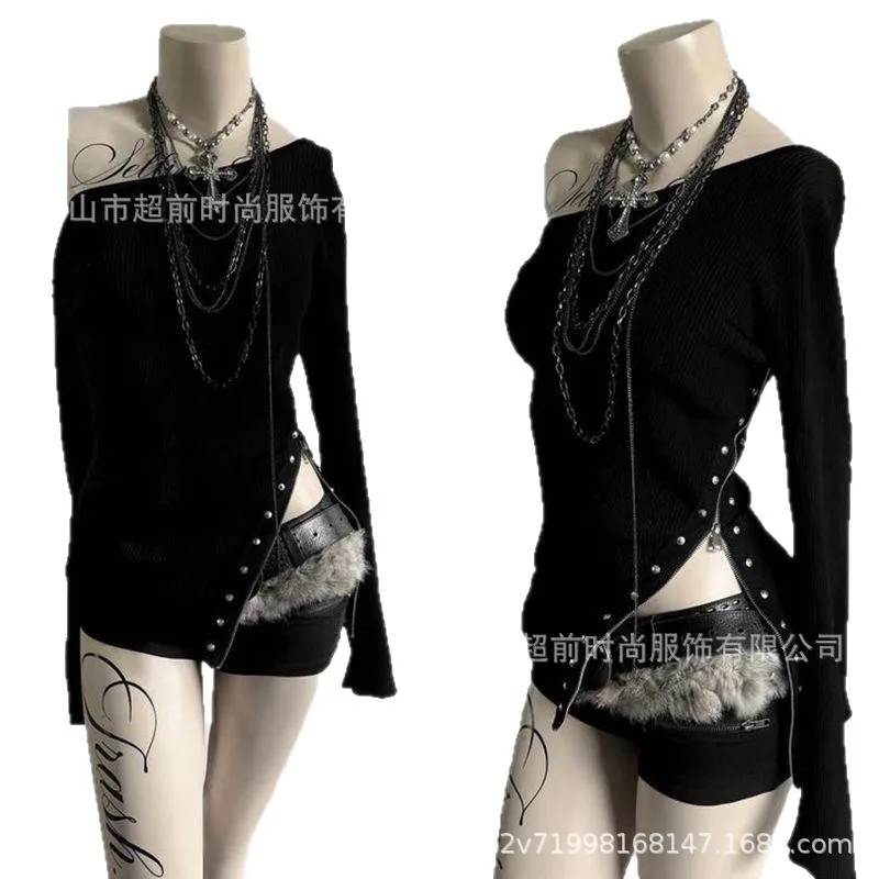 Breathtaking Top Asymmetrical Offbeat Shoulder Top Intricately Studded Cutout Top Avant-Garde Punk Long-Sleeve Blouse