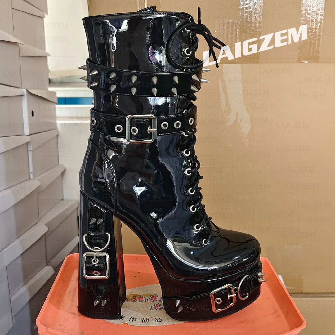 

LAIGZEM Women Calf Boots Studded Side Zip Up Thick High Heels Boots Punk Gothic Ladies Shoes Woman Large Size 38 41 43 47
