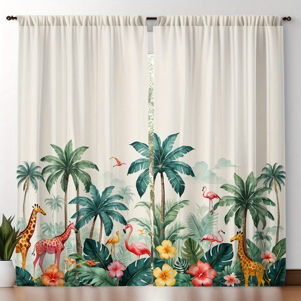 2pcs Tropical Palm Flamingo Giraffe Floral Print Curtains, Modern Art Style with Rod Pocket for Home Decor, Suitable for Kitchen
