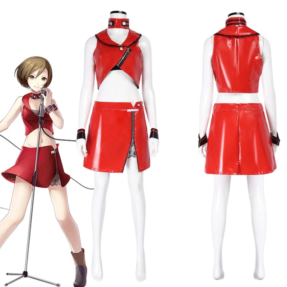 

New Anime MEIKO Cosplay Costume Women Top Skirt Set Sexy PU Leather Red Uniform Carnival Stage Clothes