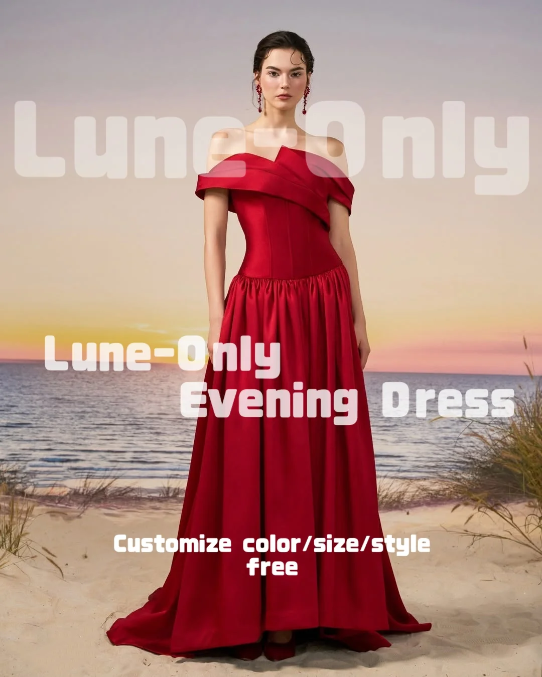 Sukienki wieczorowe damskie z satyny w kolorze czerwonym, z odkrytymi ramionami, drapowane, asymetryczne, eleganckie suknie na przyjęcie, bal, formalne okazje.