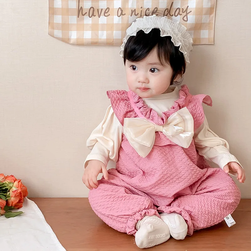 

Babys Sets Autumn Season New Bow Knot Camisole Pants Two Piece Long Sleeved Round Collar Simple Bows Sweet Button