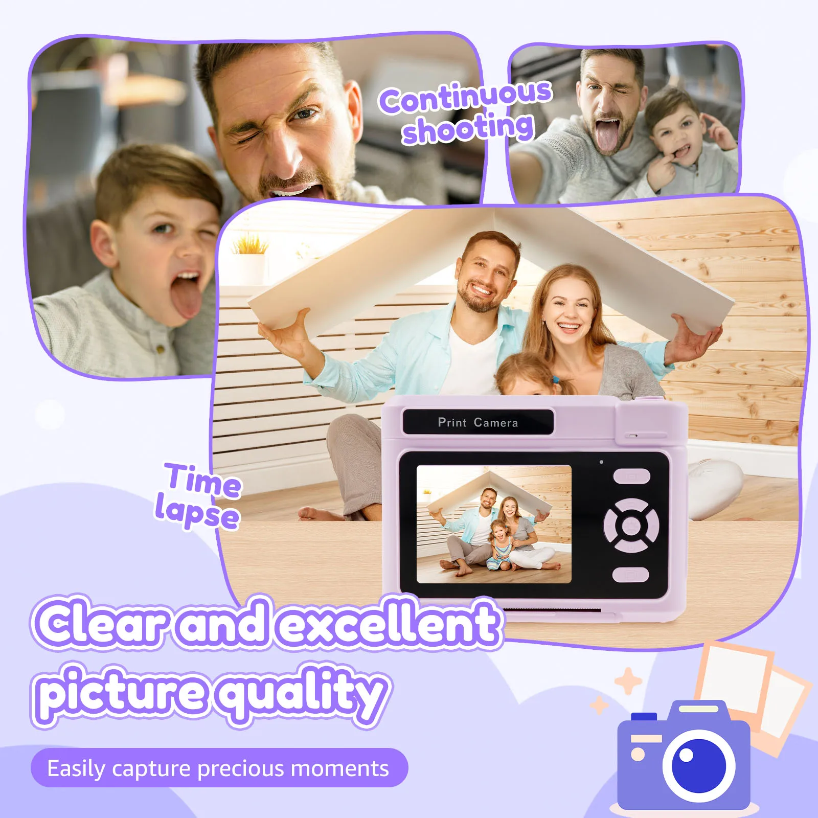 Caméra à impression instantanée pour enfants, avec papier d'impression et carte 32G, vidéo HD 1080P, cadeaux d'anniversaire à impression instantanée pour filles