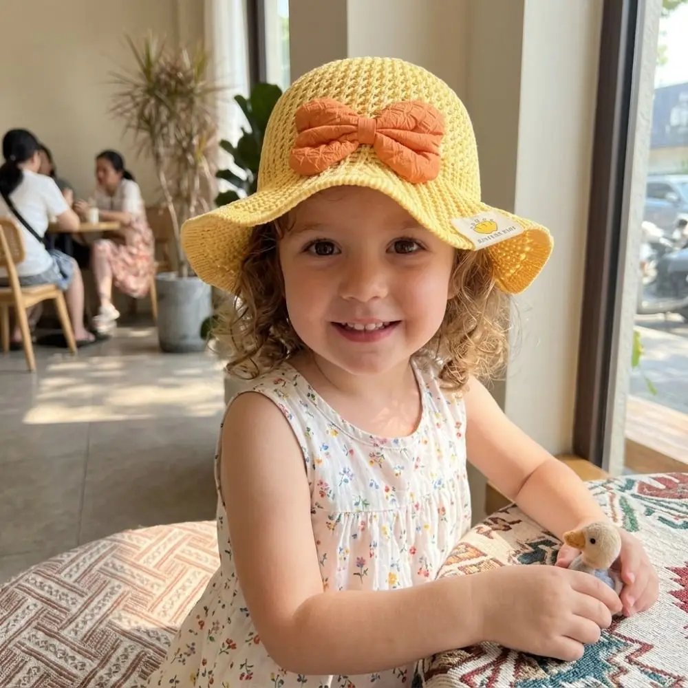 

Cute Sweet Summer Bucket Hat Wide Brim Big Bowknot Princess Sun Hat Hollow Out Breathable Beach Hat Girls 3-8 Years Old