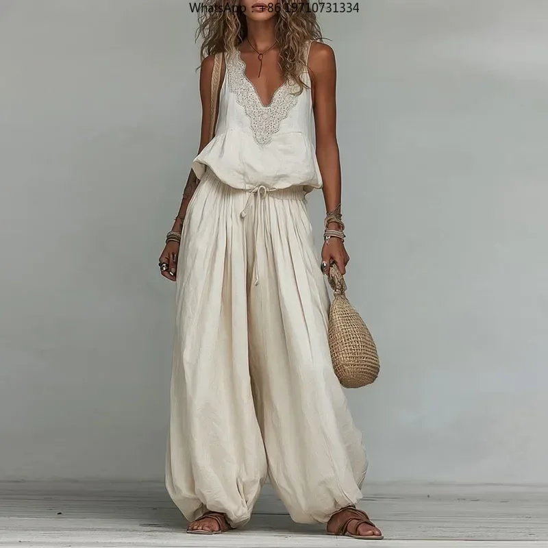 Women 2 Piece Set Sleeveless Lace Deep V Neck Tank Top Drawstring Waist Wide Leg Pants Summer Beach Casual Outfit