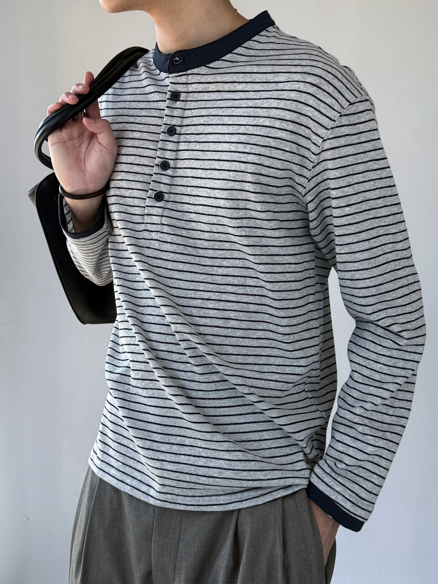 Mens Striped T Shirt Henley Long Sleeve Pullover Casual Loose Vintage American Trendy Undershirt Top Comfortable Spring Autumn