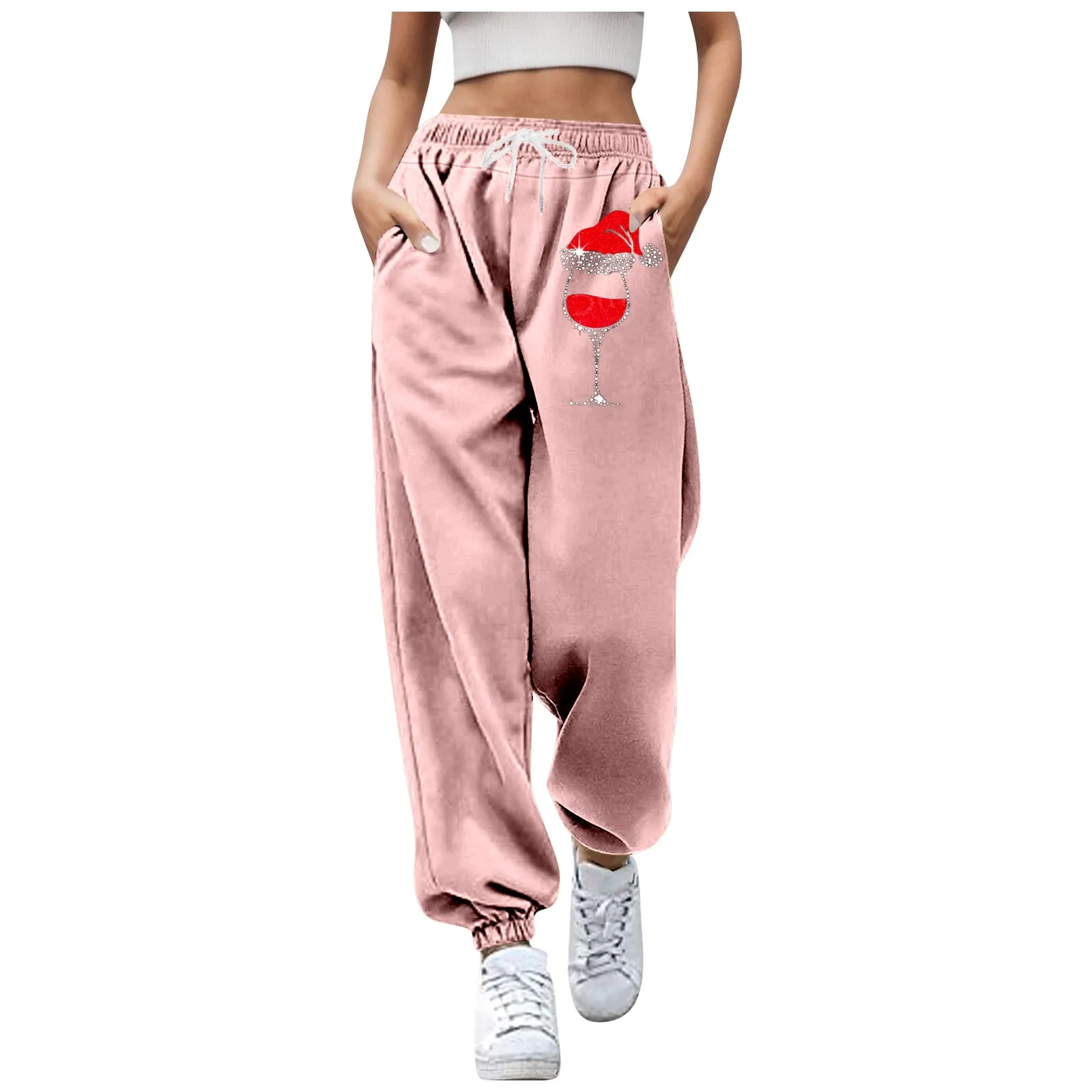 

Women's Christmas Wine Glass Print High Waist Pants Pocketed Drawstring Joggers Sweatpants with Pockets Shiny Pants