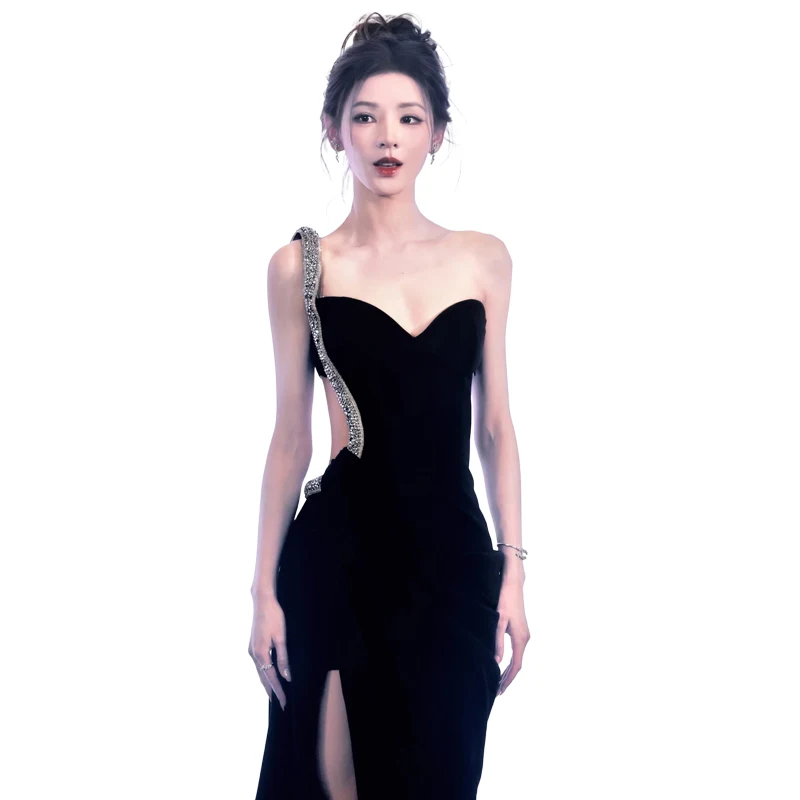 Weird Puss Maxikleid mit hohem Schlitz für Damen, unregelmäßiger Saum, taillenlos, tiefer Ausschnitt, ärmellos, mit Strasssteinen verziert, sexy Kleid – Detail 2