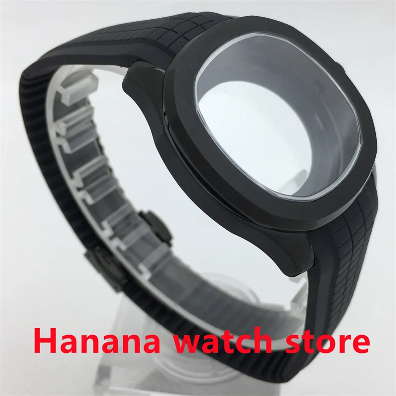 BLIGER 40 مللي متر ساعة رجالي مربعة حافظة PVD أسود حافظة ياقوت زجاج ساعة بحزام مطّاطي زجاج خلفي غطاء ل NH35 NH36 PT5000 حركة