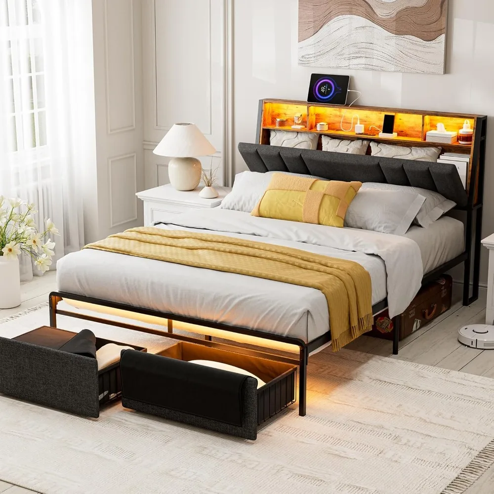

Full Size Bed Frame with Dustproof Storage Drawers, Ergonomic Hidden Storage headboard with Charging Station, Upholstered